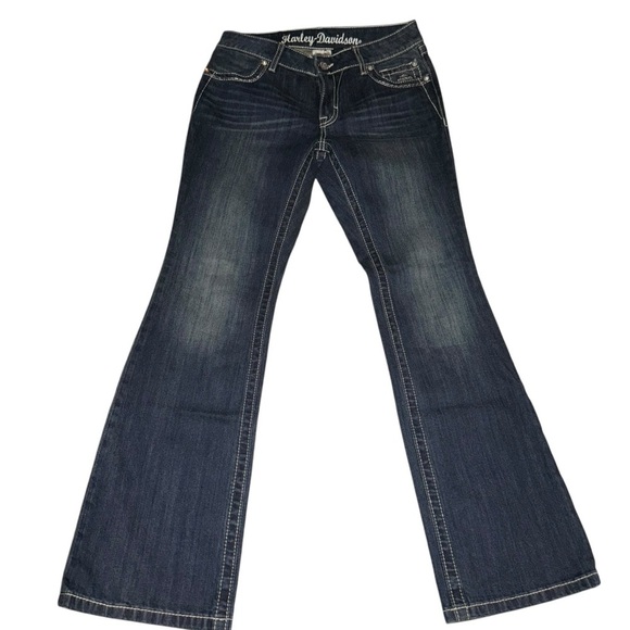 NWOT Harley-Davidson Women’s Denim Jeans SZ 6 Blue Rhinestones Silver Thread Emb - Picture 4 of 10